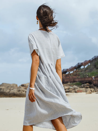 Camille | Women’s Linen Pinstripe Paneled Short Sleeve Dress