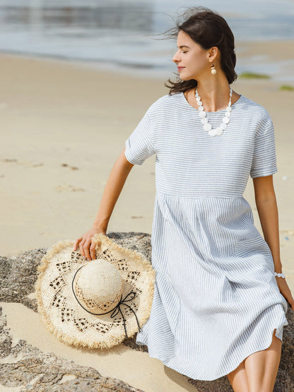 Camille | Women’s Linen Pinstripe Paneled Short Sleeve Dress