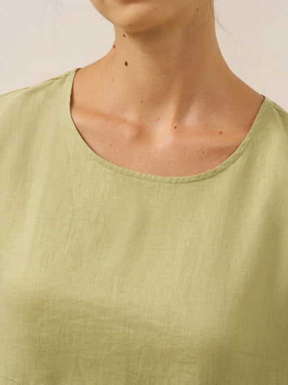 Kinsley | Women’s Sage Linen Pleated Crew Neck Midi Dress