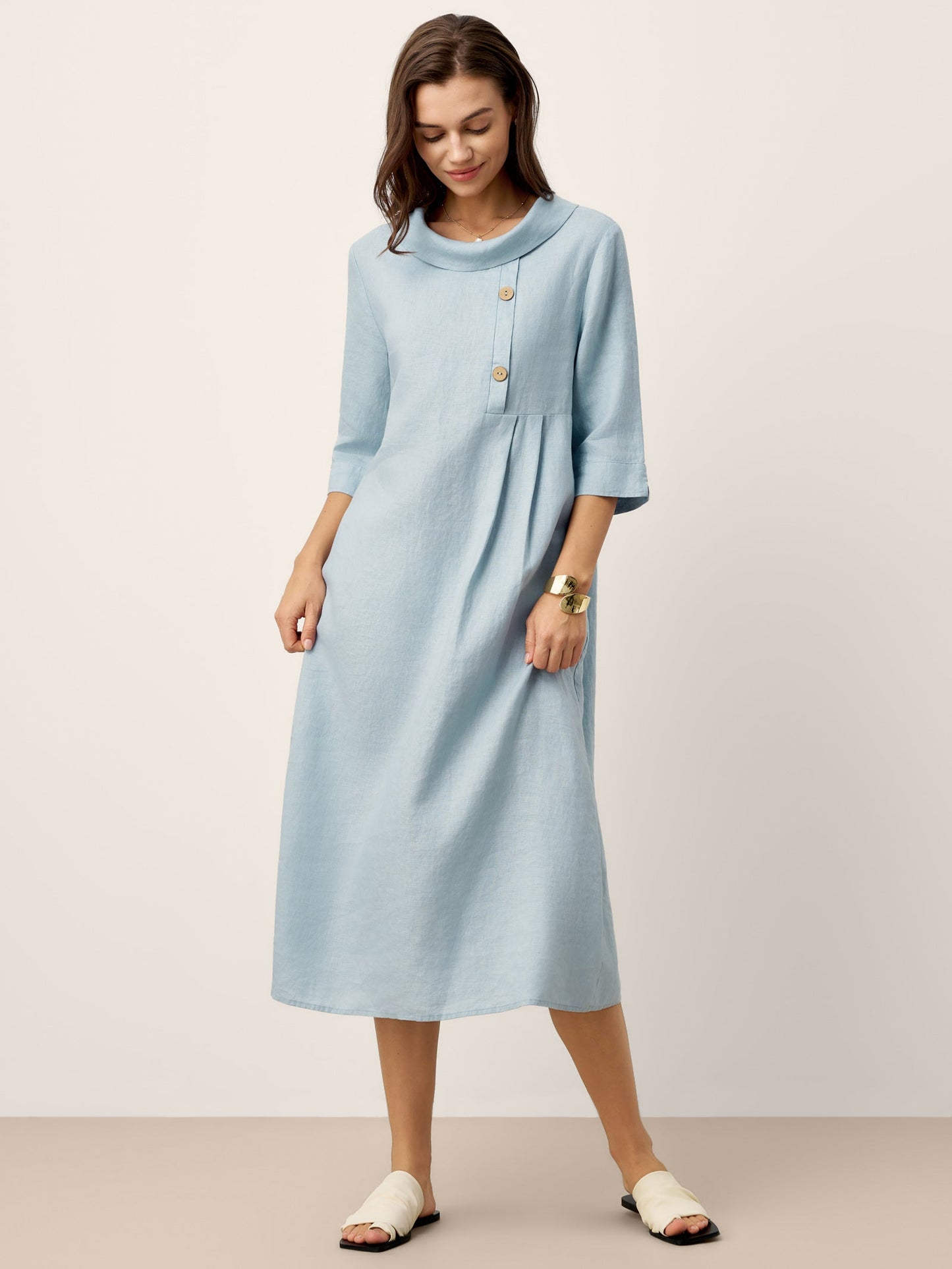 Cassidy | Women’s Linen Rolled Collar Asymmetric Button Maxi Dress