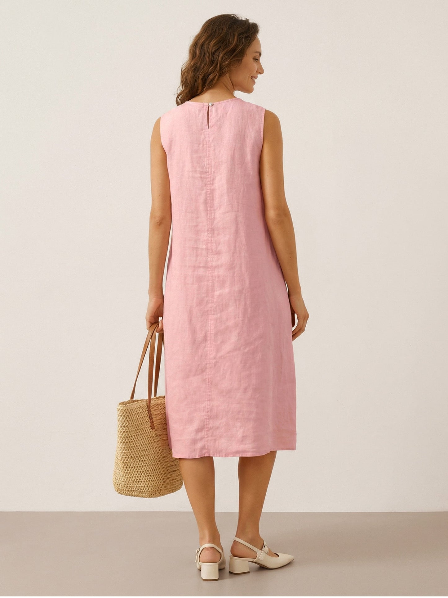 Cora | Women’s Blush Linen Sleeveless Pleated Midi Dress