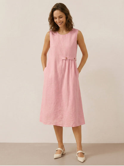 Cora | Women’s Blush Linen Sleeveless Pleated Midi Dress