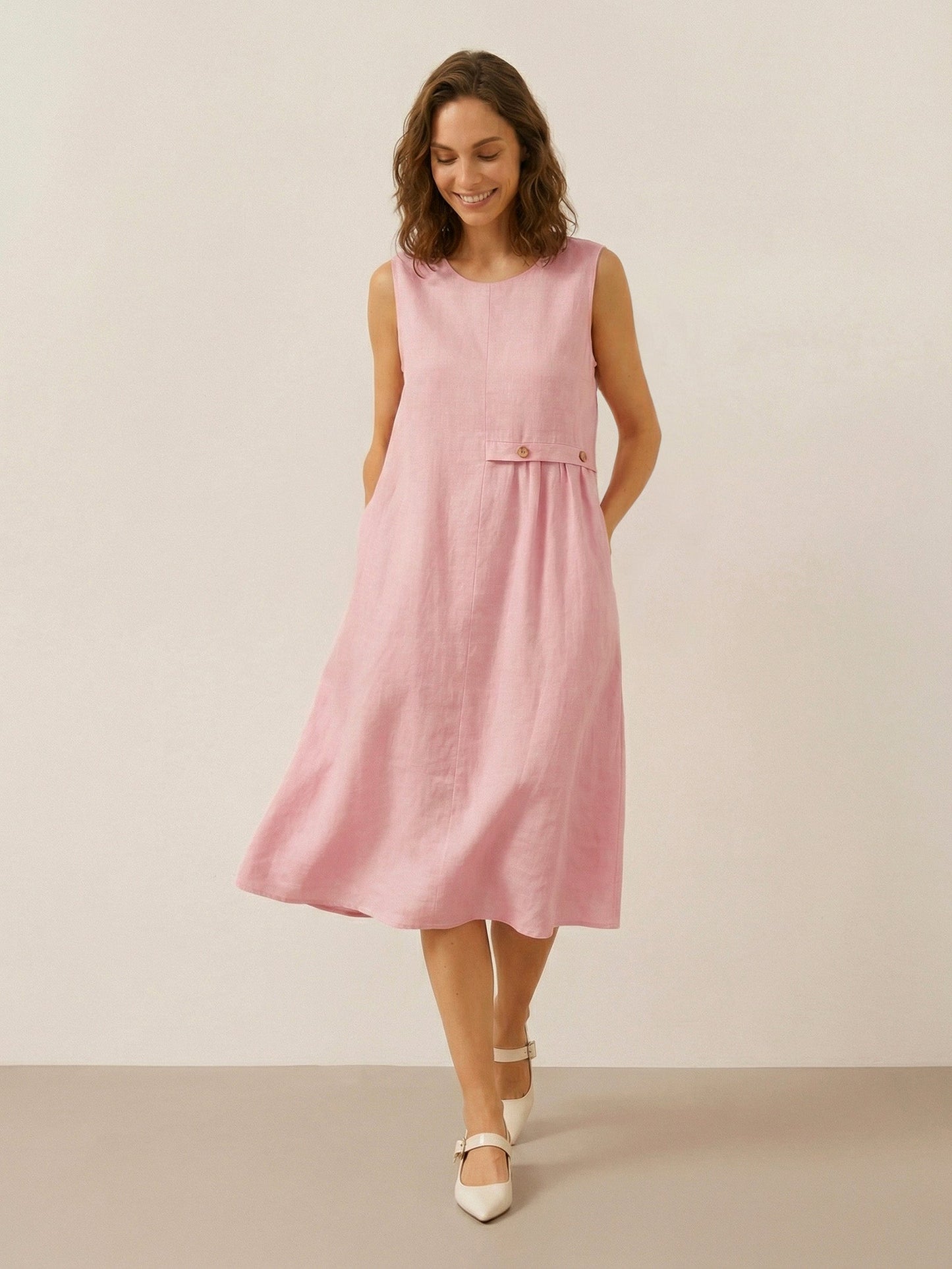 Cora | Women’s Blush Linen Sleeveless Pleated Midi Dress
