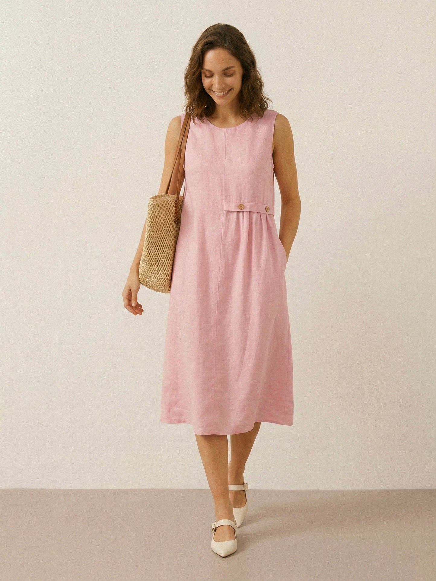 Cora | Women’s Blush Linen Sleeveless Pleated Midi Dress