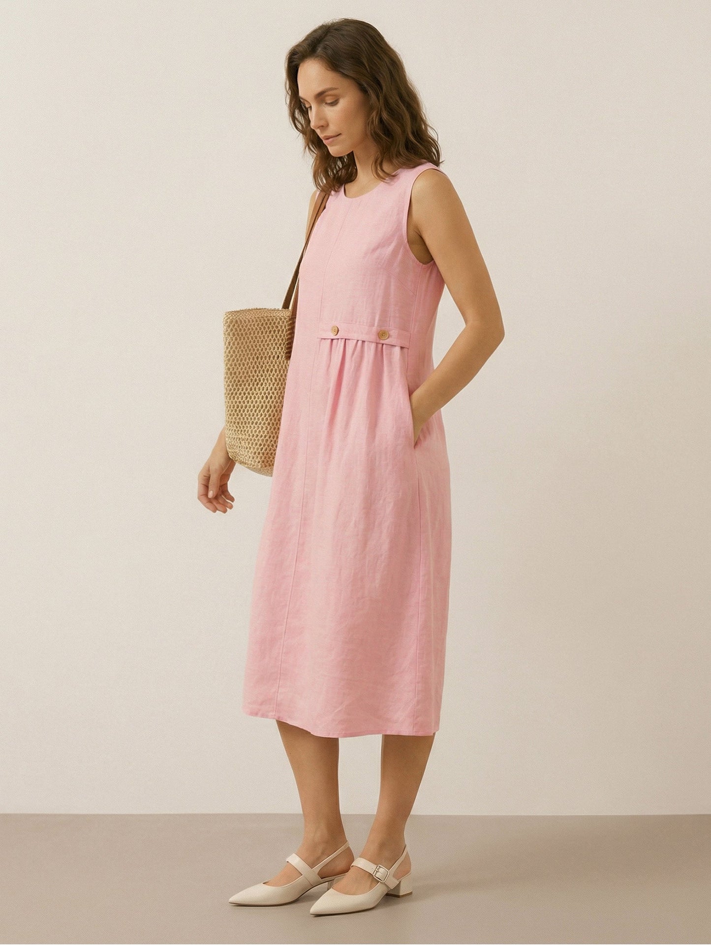 Cora | Women’s Blush Linen Sleeveless Pleated Midi Dress