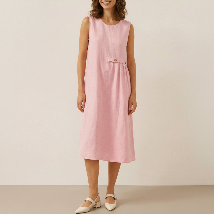 Cora | Women’s Blush Linen Sleeveless Pleated Midi Dress