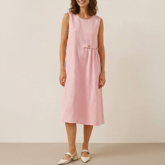 Cora | Women’s Blush Linen Sleeveless Pleated Midi Dress