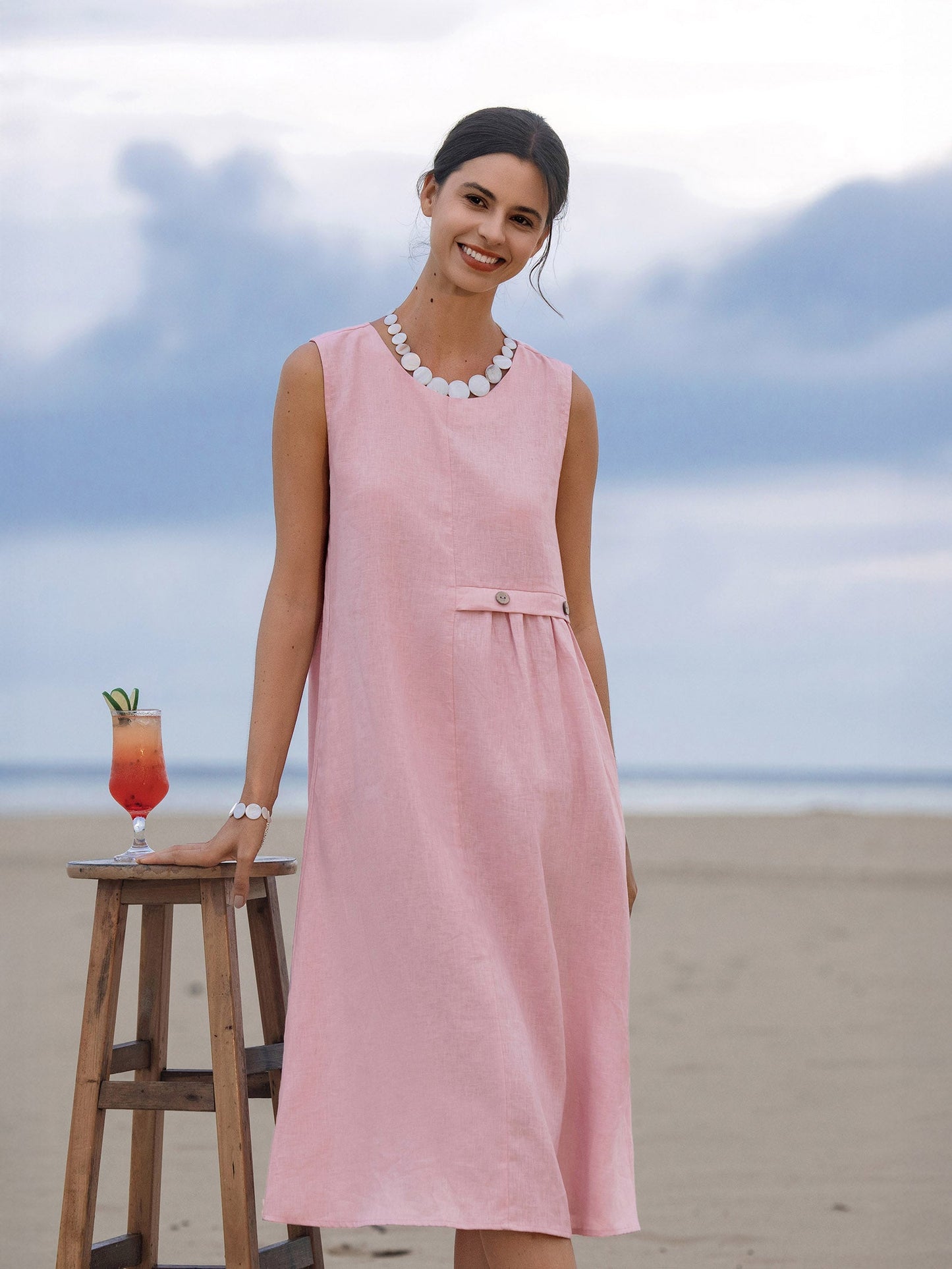 Cora | Women’s Blush Linen Sleeveless Pleated Midi Dress