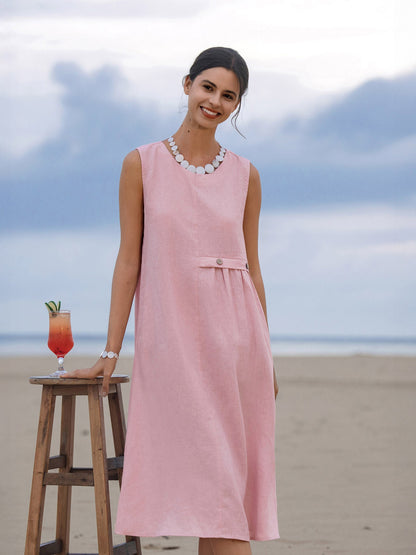 Cora | Women’s Blush Linen Sleeveless Pleated Midi Dress