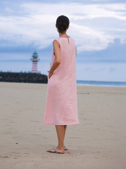 Cora | Women’s Blush Linen Sleeveless Pleated Midi Dress