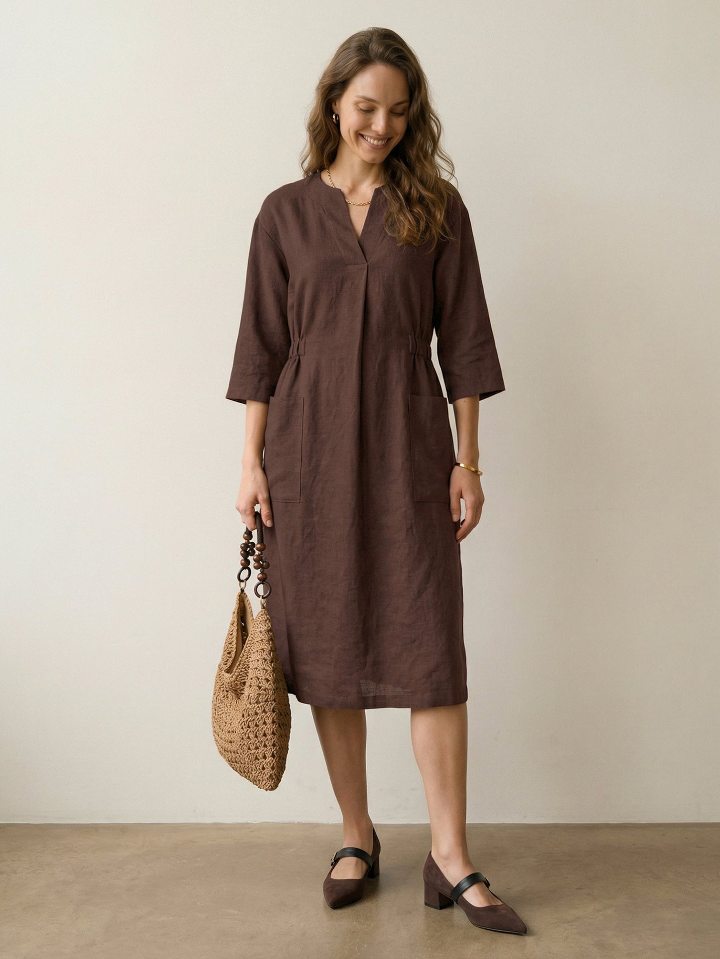 Morgan | Women’s Linen V-Neck Pocket Midi Dress