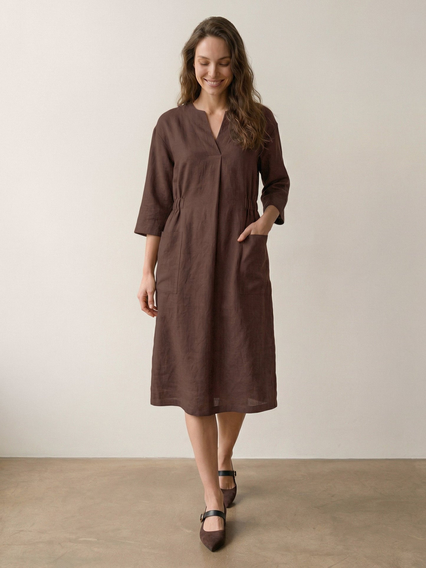 Morgan | Women’s Linen V-Neck Pocket Midi Dress