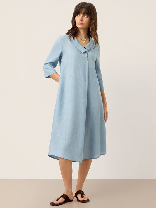 Peyton | Women’s Linen Asymmetric Shawl Collar A-Line Midi Dress