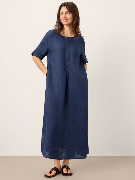 Rowan | Women’s Linen Roll-Up Sleeve Pleated Maxi Dress