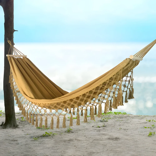 SolSway Boho Cotton Hammock | Handwoven Comfort with Wooden Spreaders