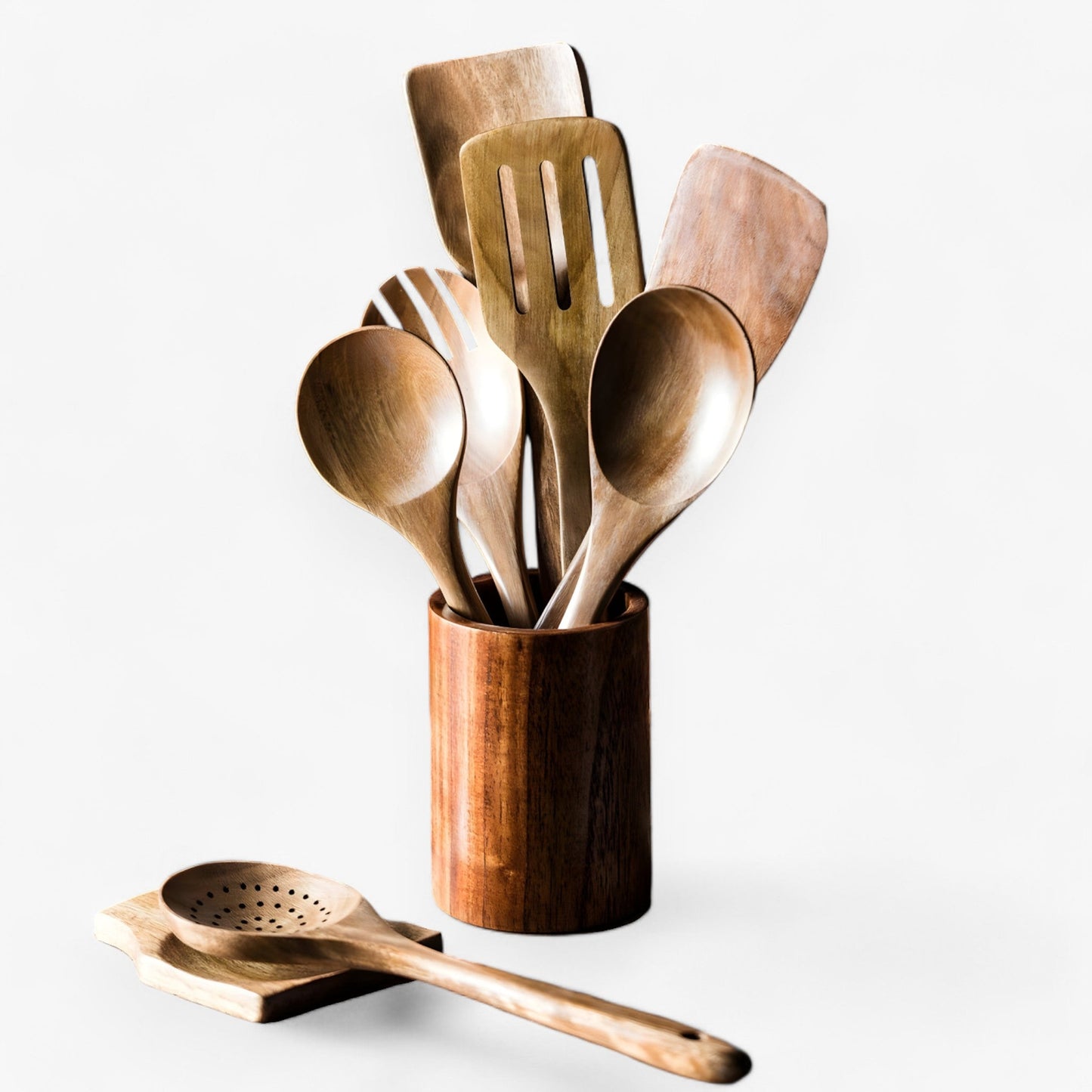 EarthCraft Teak Utensil Set | Hand-Carved Elegance with Countertop Holder