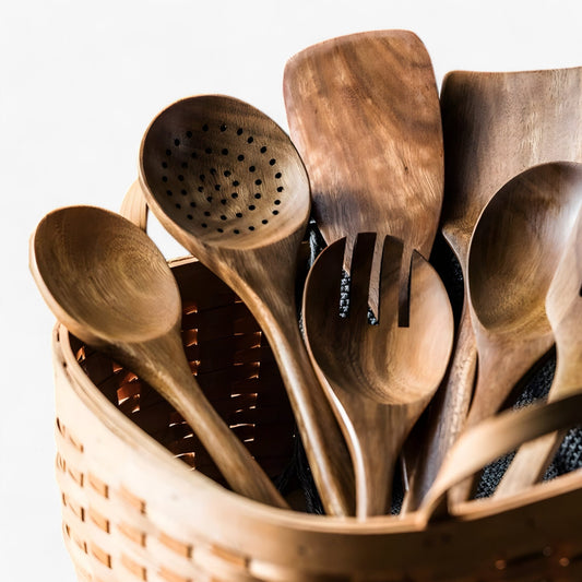 EarthCraft Teak Utensil Set | Hand-Carved Elegance with Countertop Holder
