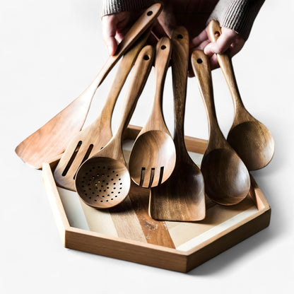 EarthCraft Teak Utensil Set | Hand-Carved Elegance with Countertop Holder