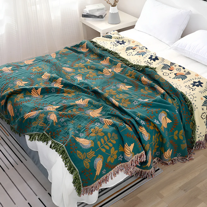 Artisan Cotton Throw Blanket | Hand-Embroidered Birds & Flowers Pattern