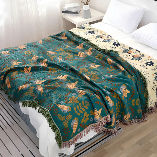 Artisan Cotton Throw Blanket | Hand-Embroidered Birds & Flowers Pattern