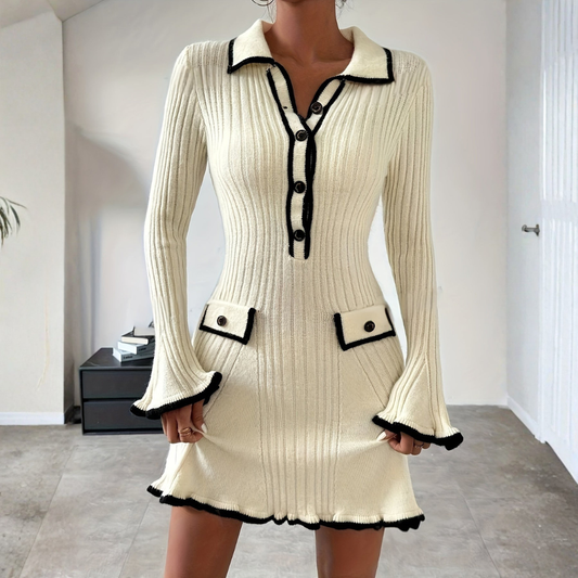Marie | Women’s Knitted Dress with Ruffles and Contrast Trim