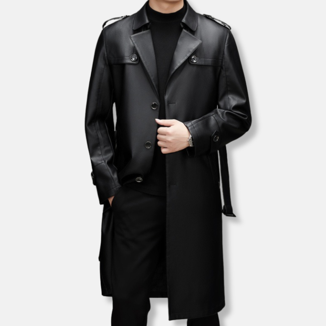Declan | Men’s Slim Leather Trench Coat with Single-Breasted Front