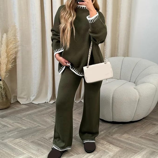 Anabelle | Women’s Knit Lounge Set with Loose Fit Wide Neck Top & High-Rise Pants