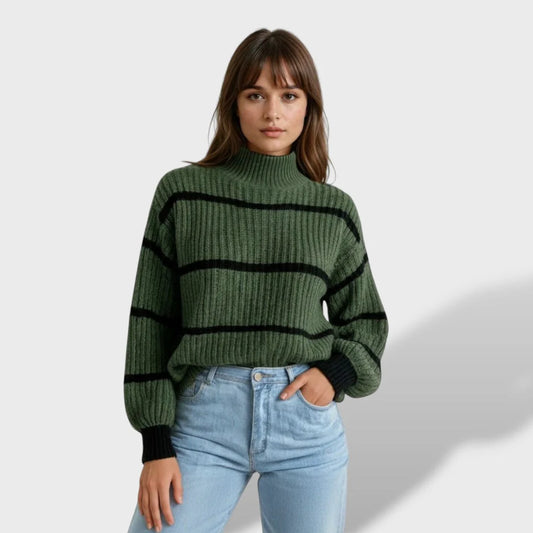 Willow | Women’s Striped Relaxed Fit Wool Knit Turtleneck Sweater