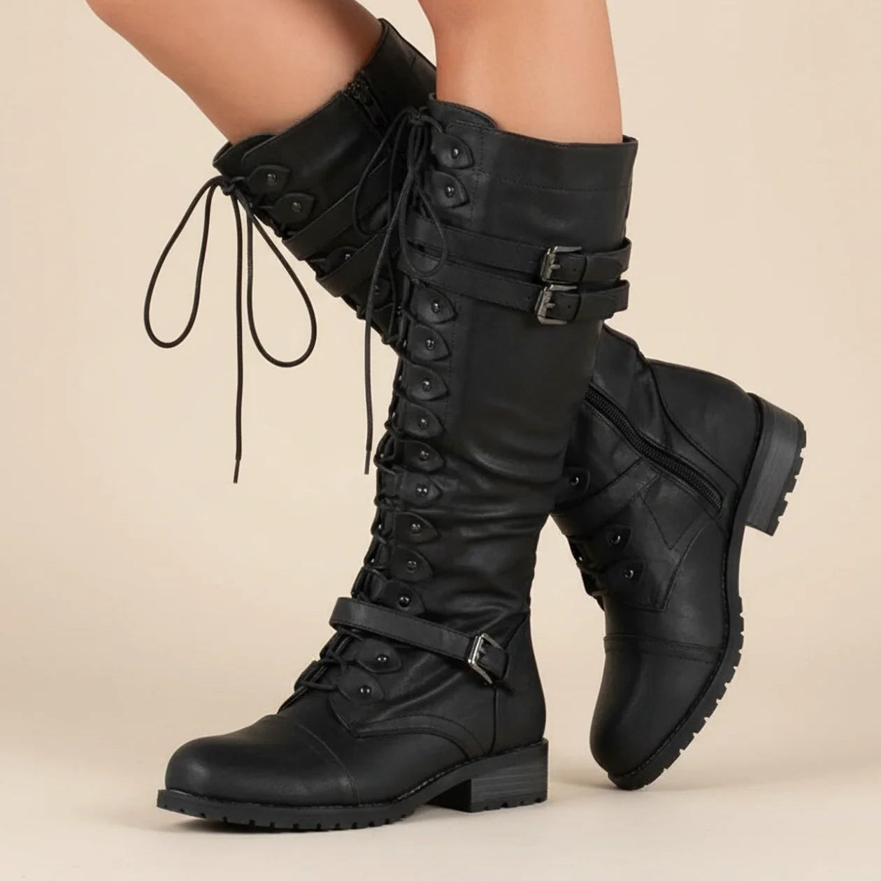 Tessa | Women’s Knee-High Lace-Up Boots with Buckles