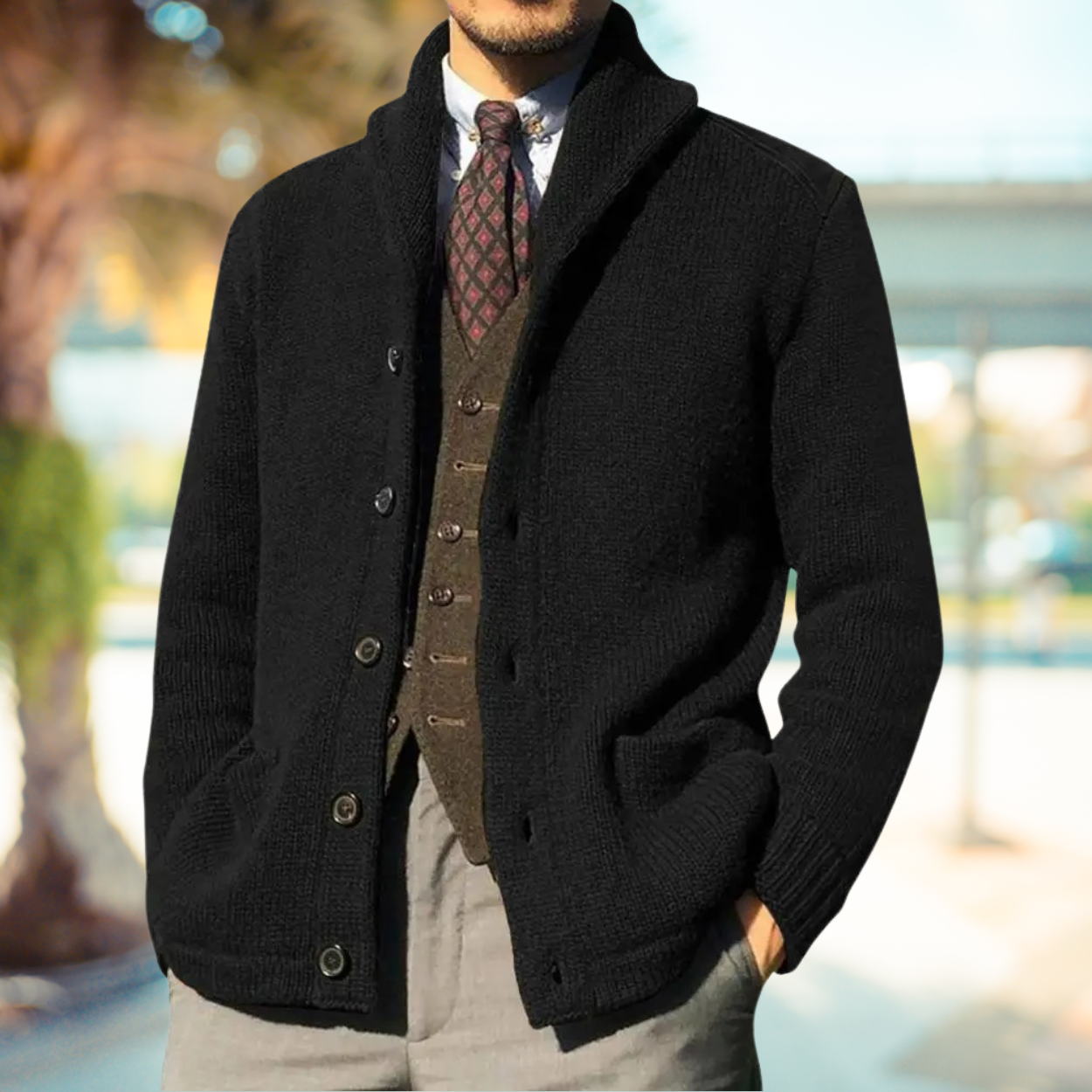 Nathan | Men’s Classic Knit Cardigan with Shawl Collar and Buttons