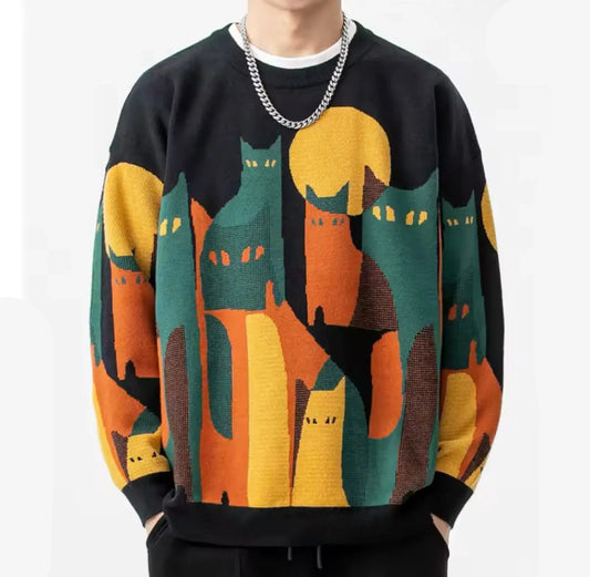 Blythe | Men’s Relaxed Fit Long Sleeve Sweater with Cat Print