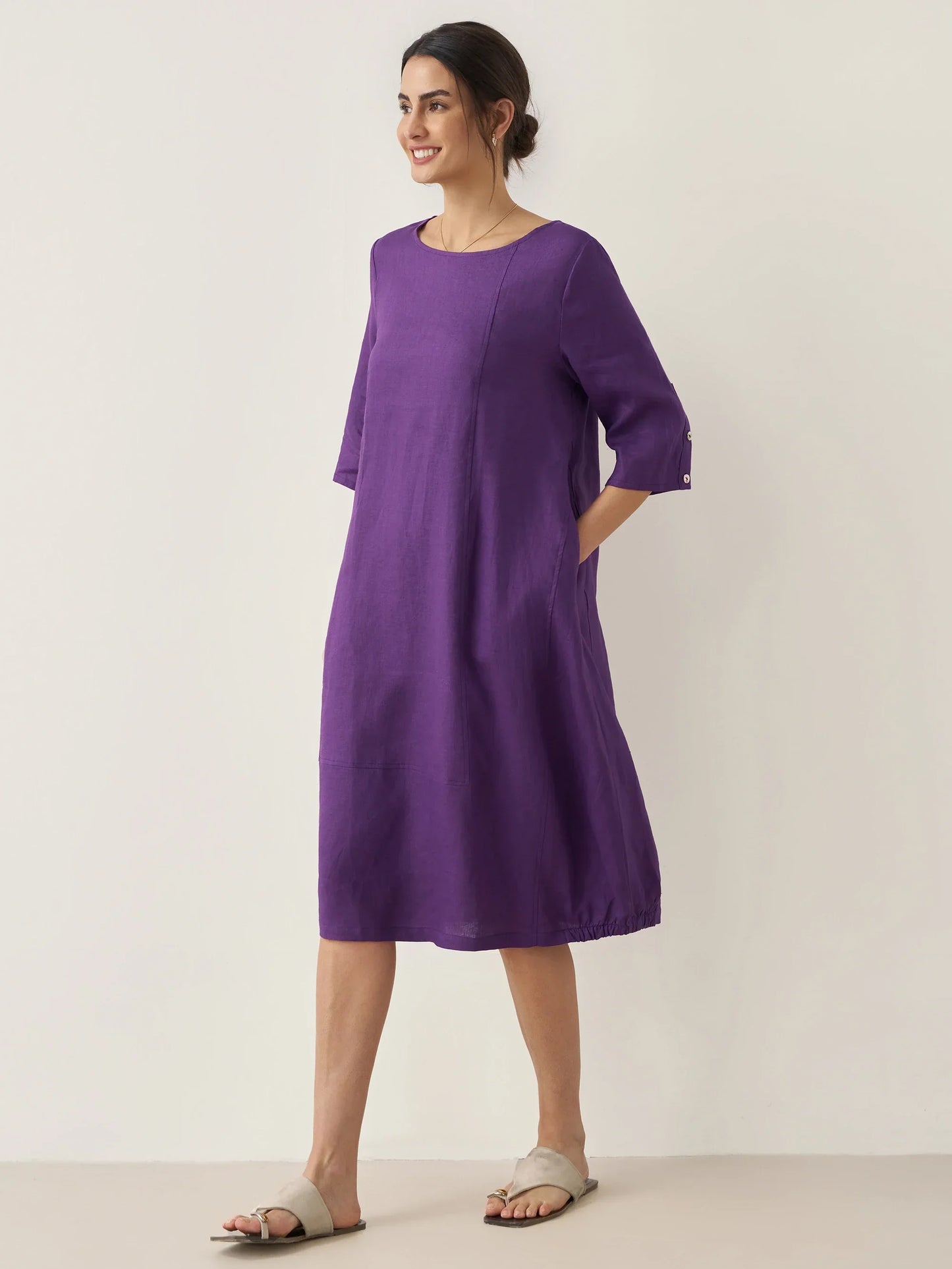 Danica | Women’s Linen Collarless Mid-Length Dress