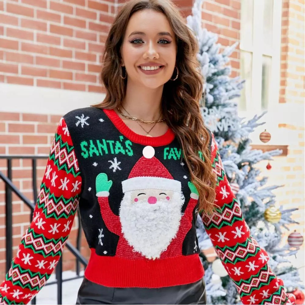 Ally | Women’s Textured Graphic Cropped Christmas Pullover Sweater