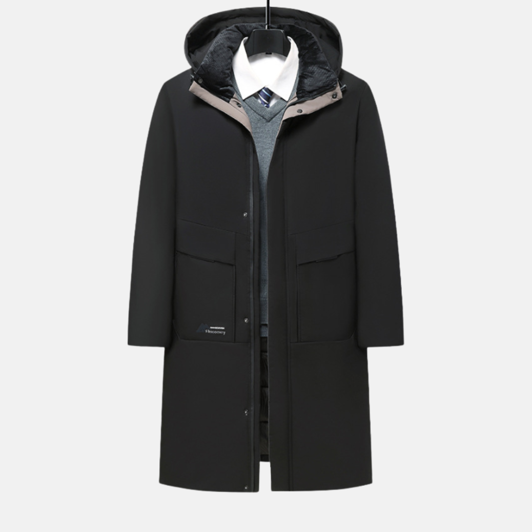 Lachlan | Men’s Long Winter Coat with Hood & Snap Closure