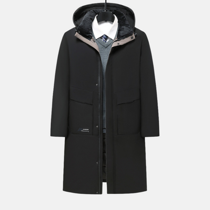 Lachlan | Men’s Long Winter Coat with Hood & Snap Closure
