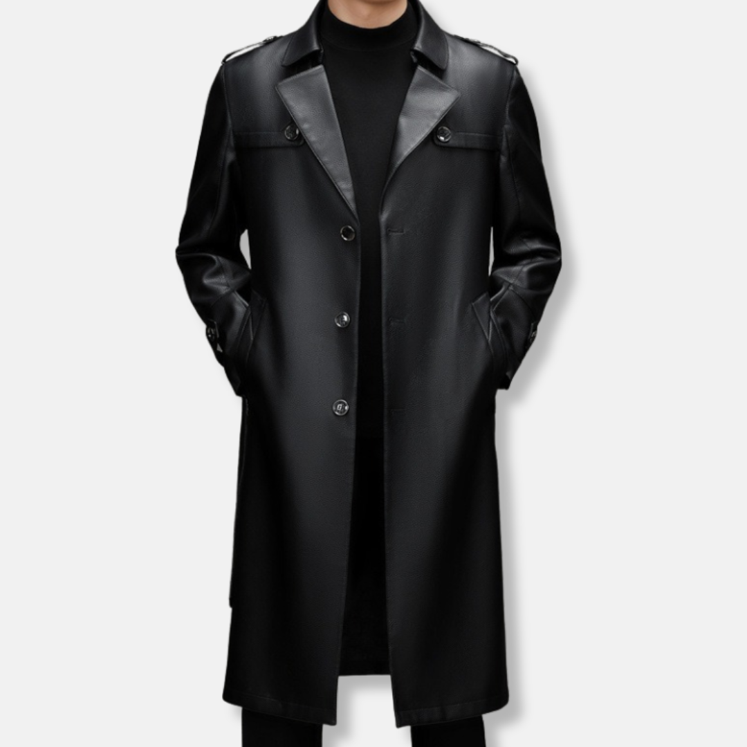 Declan | Men’s Slim Leather Trench Coat with Single-Breasted Front