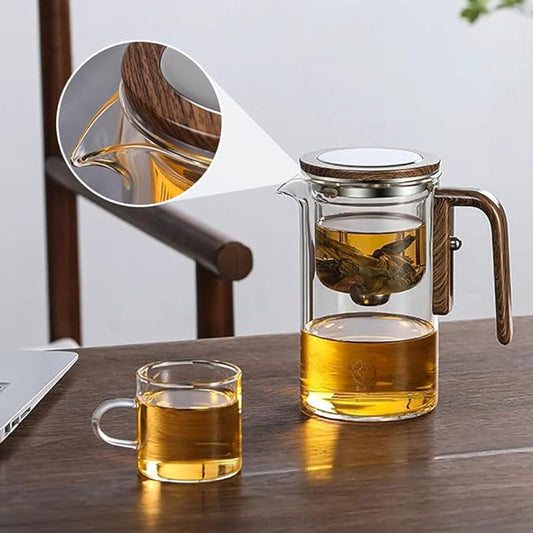 Tea Infuser Kettle | Glass Teapot with Wooden Handle Accent