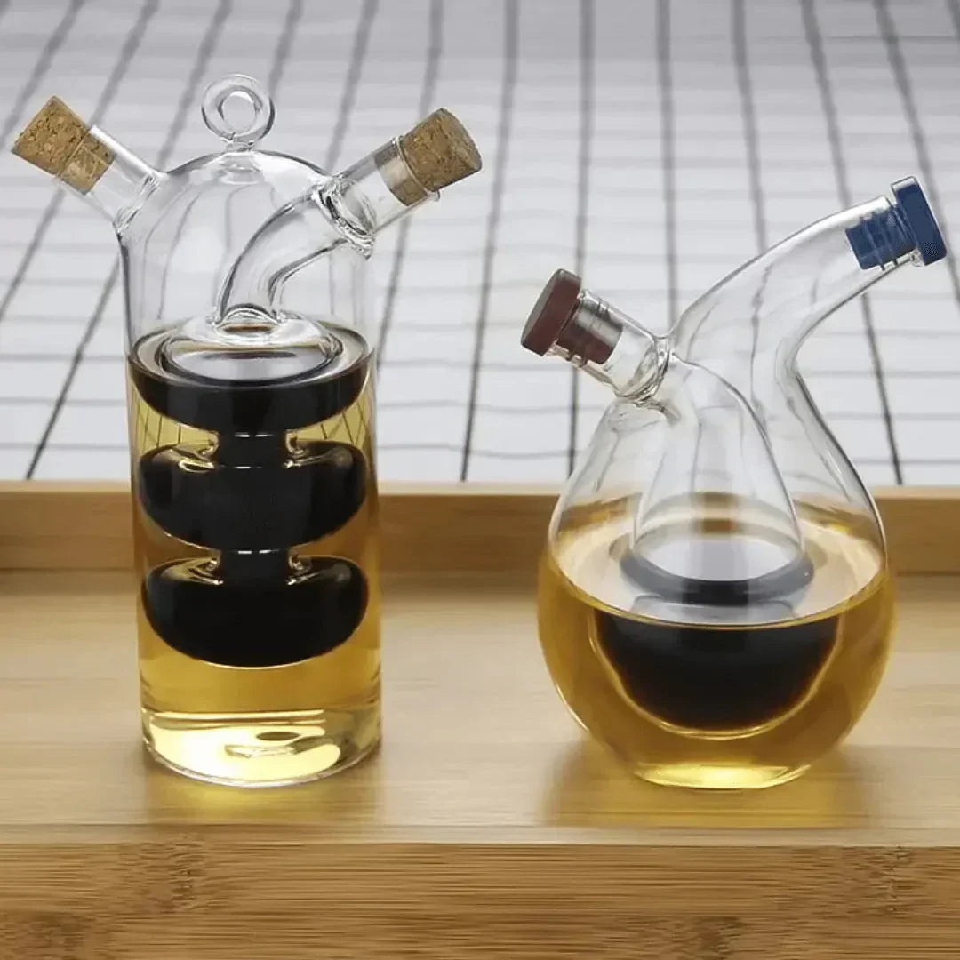 2-in-1 Oil and Vinegar Dispenser | Double Glass Cruet Bottle