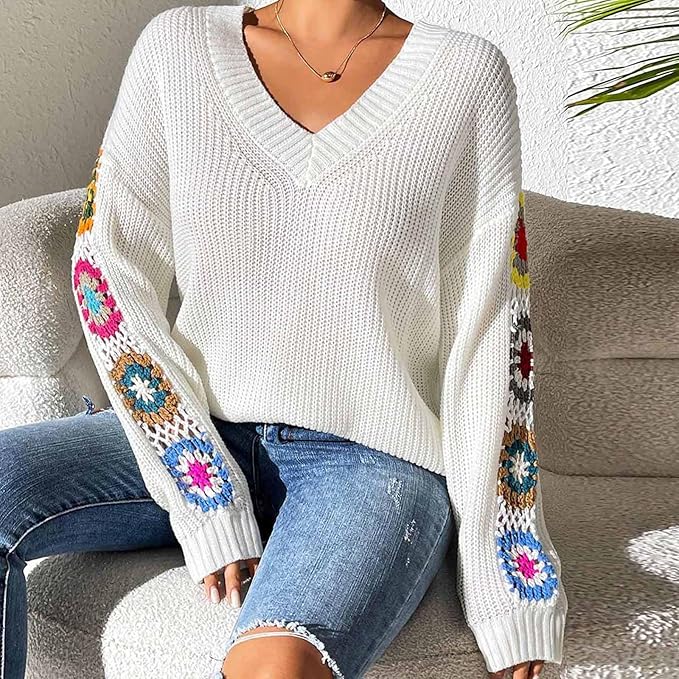 Maris | Women’s Relaxed Bohemian Crochet Sleeve Sweater