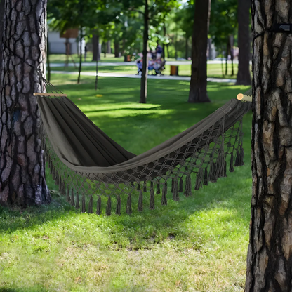 SolSway Boho Cotton Hammock | Handwoven Comfort with Wooden Spreaders