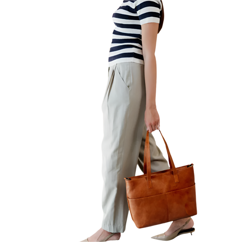 Caramel | Leather Tote Bag with Spacious Compartment and Versatile Storage Options-3