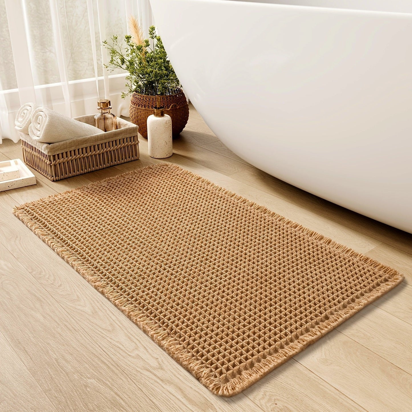 Quick-Dry Grip | Waffle Bath Mat with Decorative Tassels