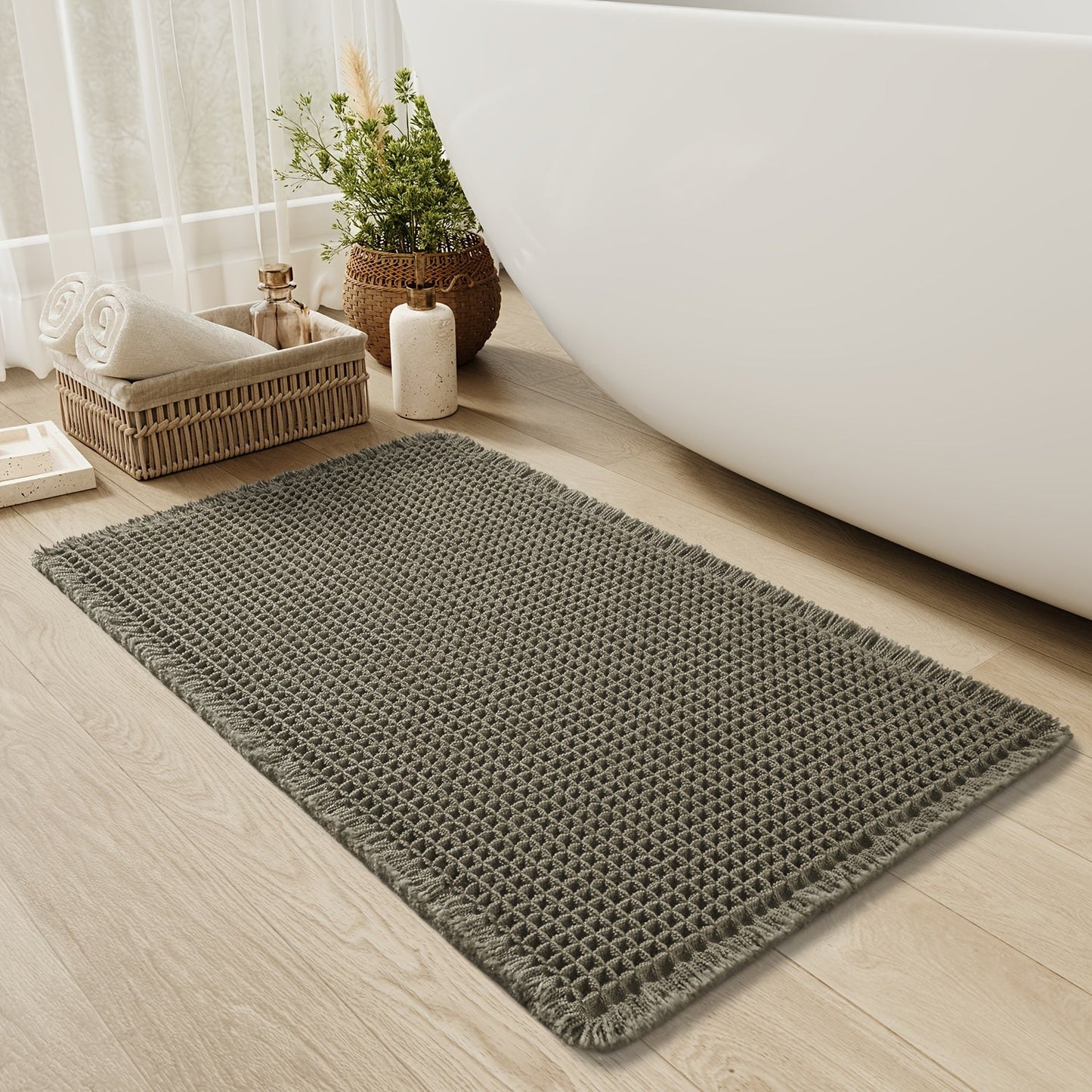 Quick-Dry Grip | Waffle Bath Mat with Decorative Tassels