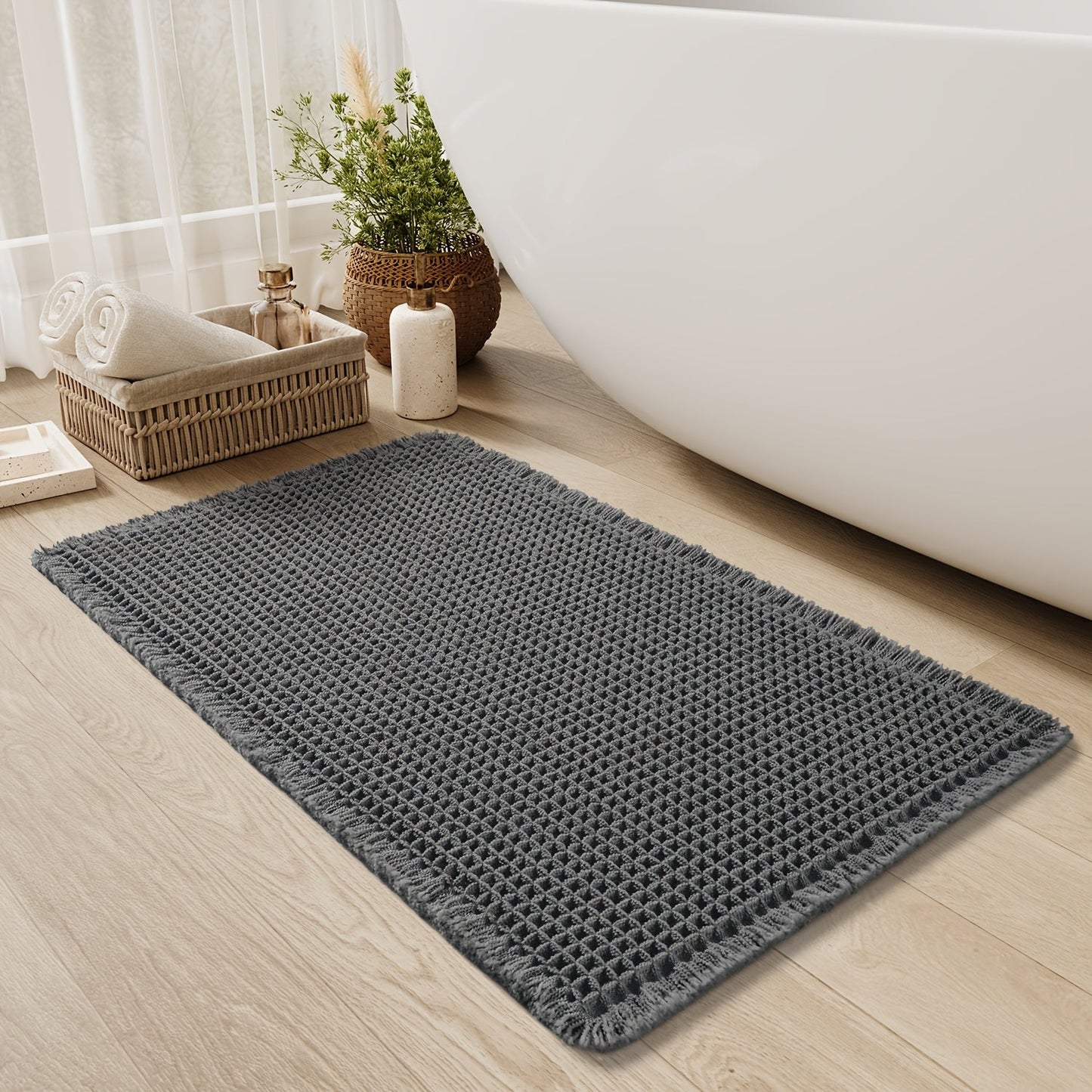 Quick-Dry Grip | Waffle Bath Mat with Decorative Tassels