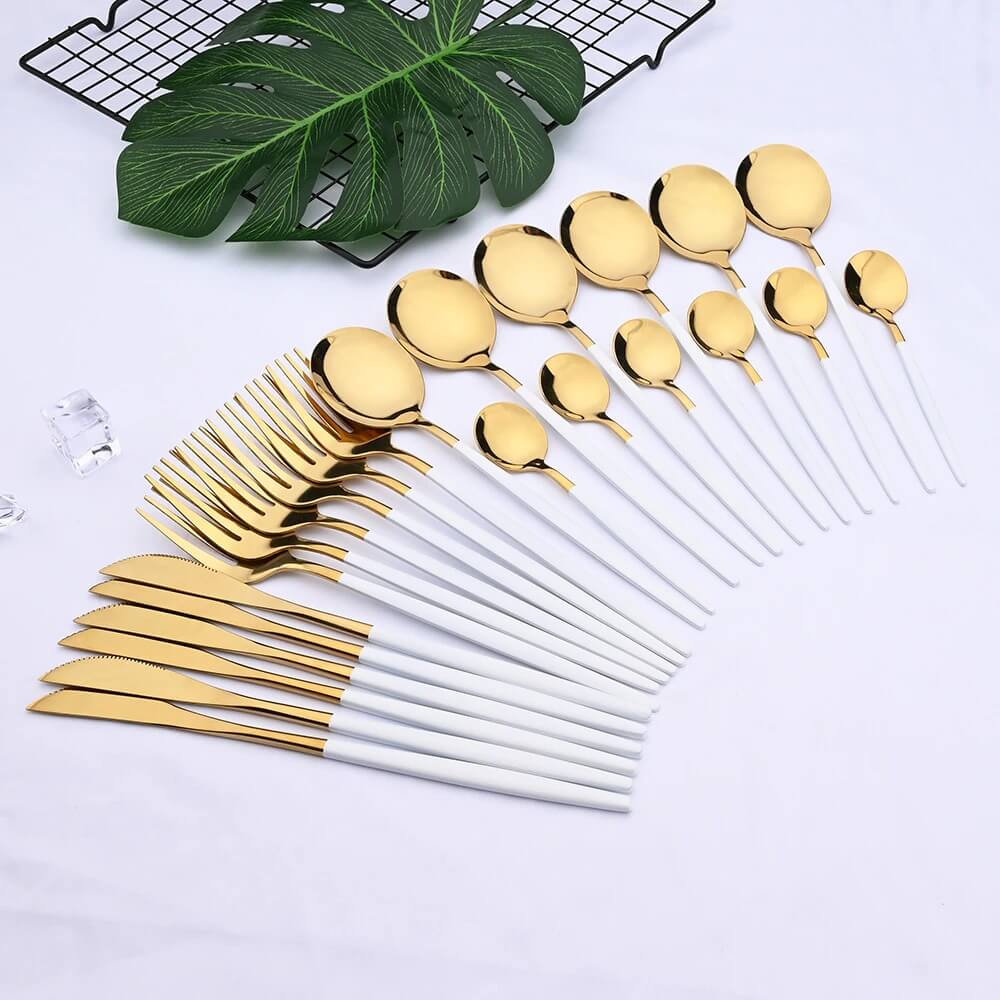 Gold and White Cutlery Set | Stainless Steel Flatware Collection
