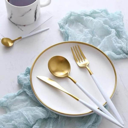 Gold and White Cutlery Set | Stainless Steel Flatware Collection
