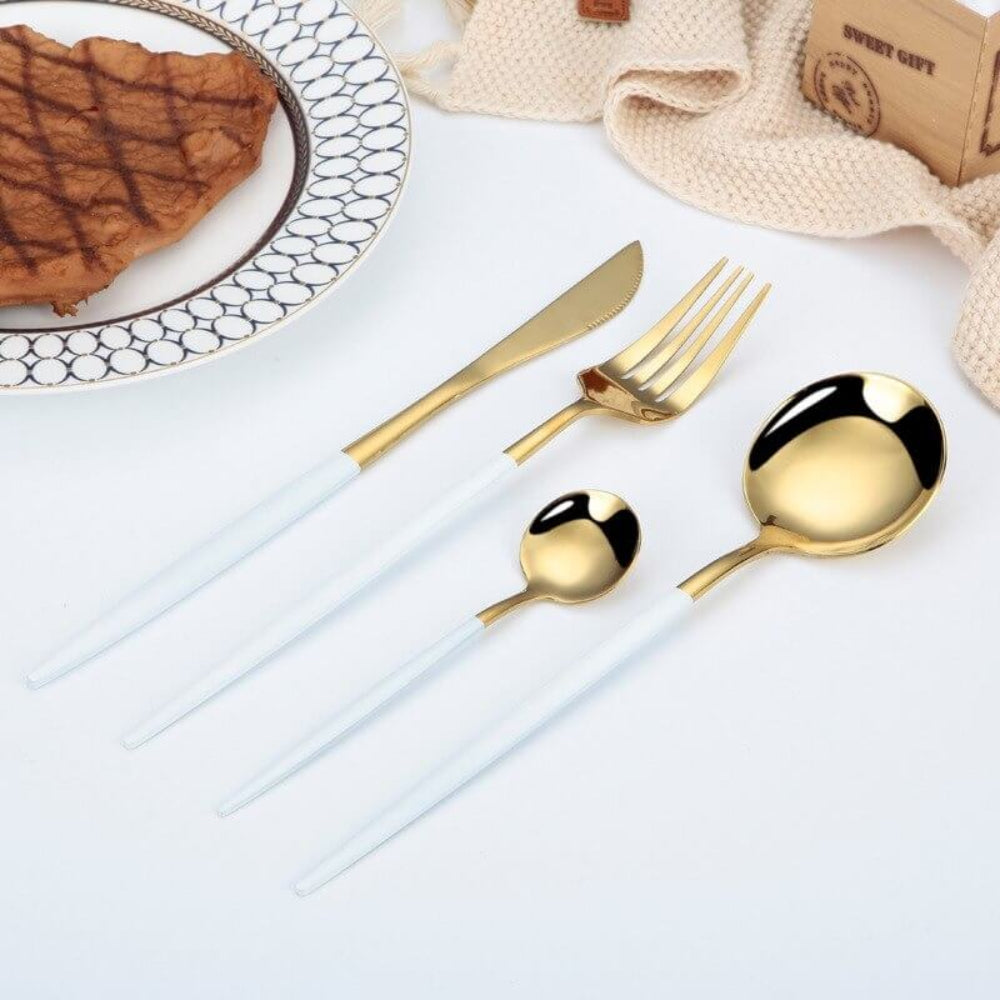 Gold and White Cutlery Set | Stainless Steel Flatware Collection