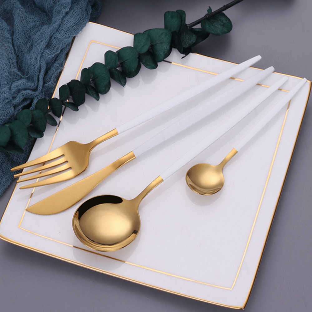 Gold and White Cutlery Set | Stainless Steel Flatware Collection