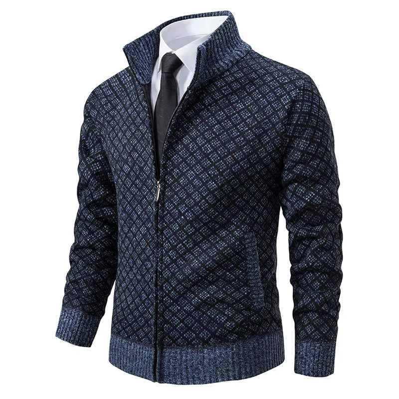Evan | Men’s High Collar Zip-Up Knitted Cardigan with Patterns
