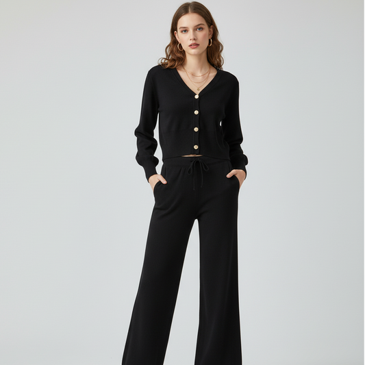 Fiora | Women’s Relaxed Knit Two-Piece Set with Button Cardigan & Flowing Pants